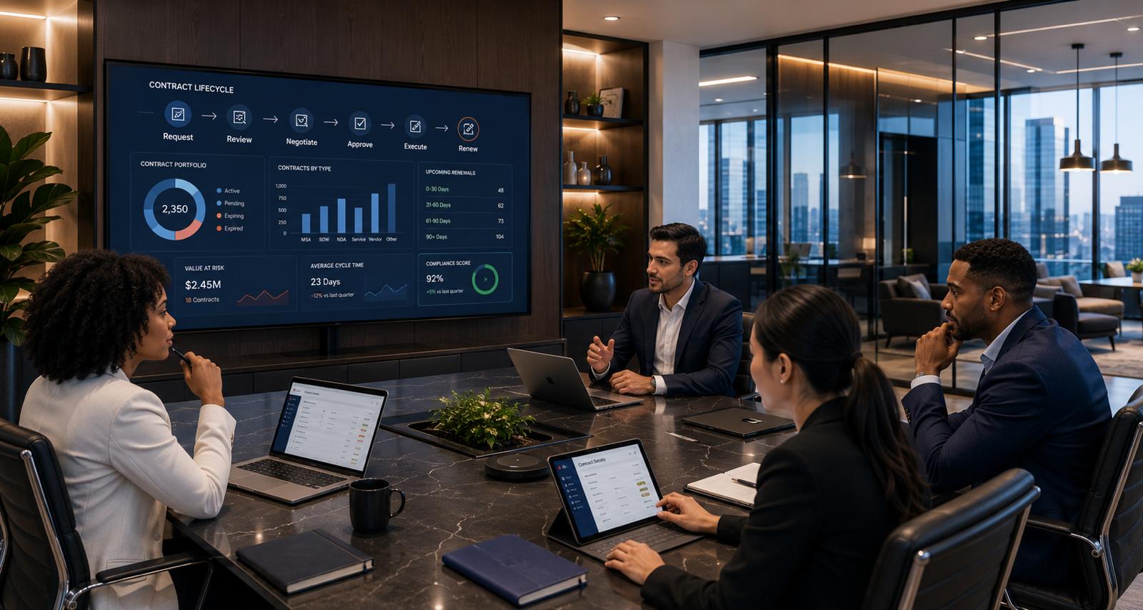 Contract lifecycle dashboard reviewed in a modern boardroom