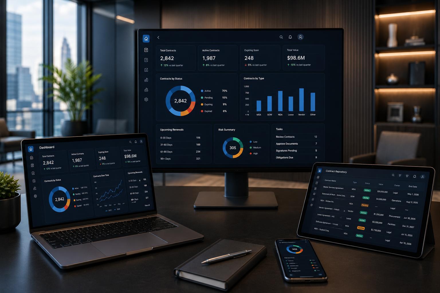 ContraNETT™ dashboard across desktop, laptop, tablet, and mobile