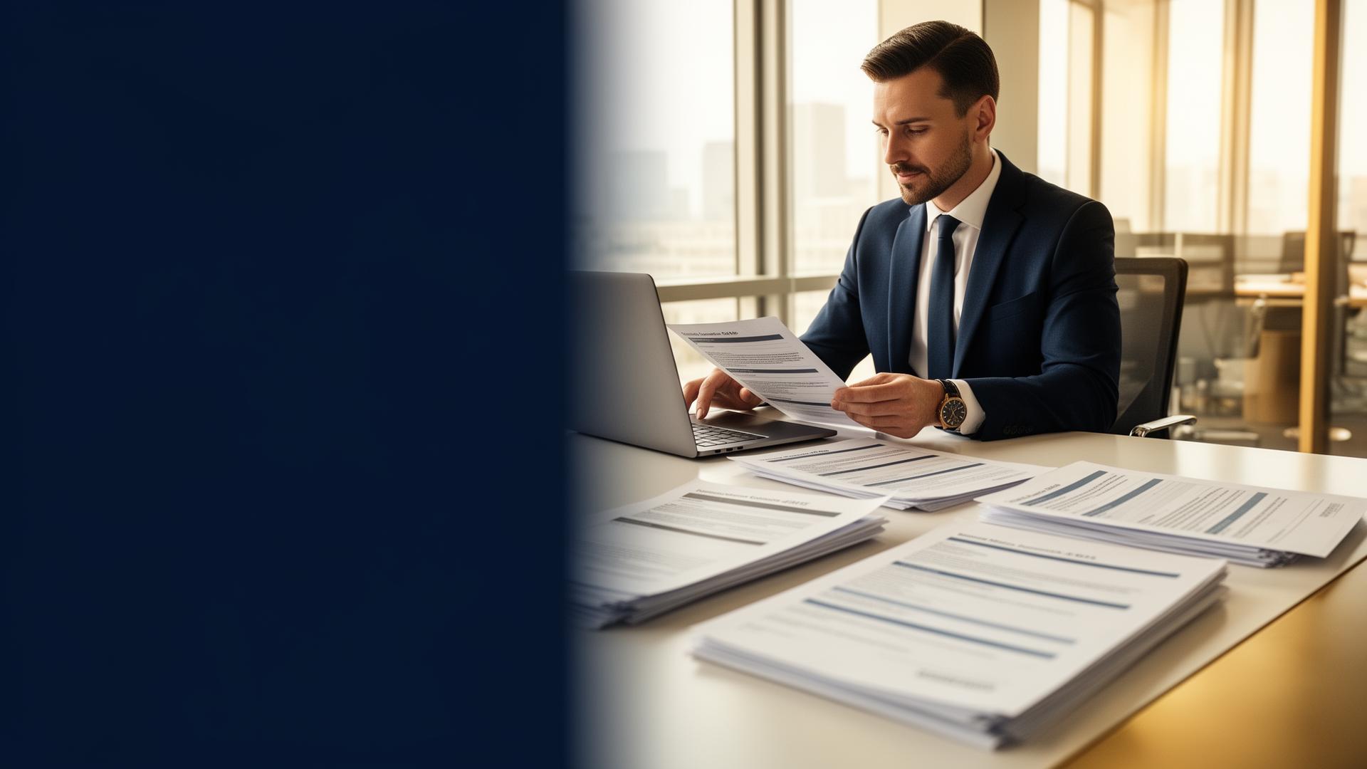 Contract manager reviewing agreements at a modern office desk